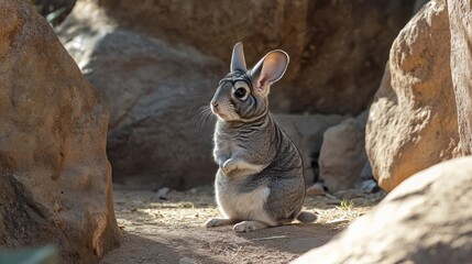 Gray Chinchilla Standing on Rocky Terrain, Outdoor Setting, Looking Left, Stock Photo