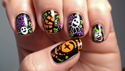 Creative Halloween-themed nail art manicure with cute ghosts and monster designs
