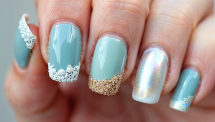 A creative beach-themed nail art manicure with sand texture and sea foam details