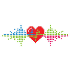 Obraz premium Pixelated heart with abstract sound wave s on a white background.