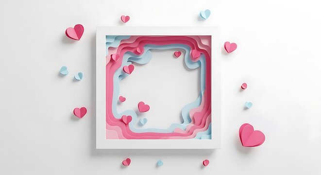 Romantic 3D Papercraft Frame with Layered Hearts on White Background.