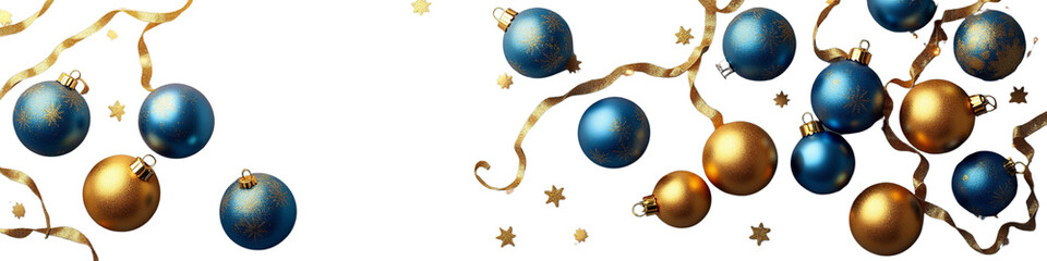 Blue and gold shiny Christmas balls with golden twigs, Gold and blue Christmas baubles with elegant shine, transfer background