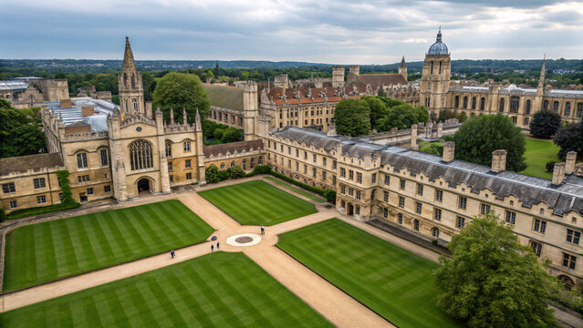 Oxford university quad with manicured lawns, circular white feature, Gothic chapel, Radcliffe Camera dome, historic buildings, and pedestrians on pathways below.