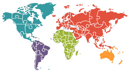 Colorful World Map Puzzle Pieces Representing Global Collaboration and Unity