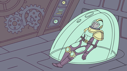 Futuristic Astronaut Resting Inside a Transparent Capsule in a SciFi Setting © Sulis