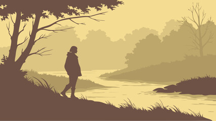 Naklejka premium Silhouette of a Person Contemplating Natures Serene River Landscape