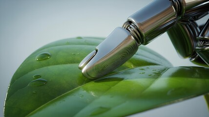 Robotic hand interface touching a green leaf showcasing bio future and technology