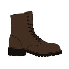 Classic black combat boot silhouette with white laces and stitching detail Vector illustration isolated on white background