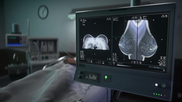 Diagnostic imaging technology scanning the chest of the sick hospital patient. Diagnostic imaging technology looking for diseases. Diagnostic imaging technology detecting cancer cells in breast.