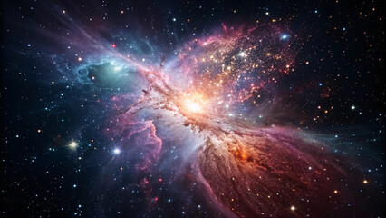 Colorful nebula with bright central starburst, swirling cosmic dust in blue, pink, and orange hues, creating dramatic celestial explosion effect.