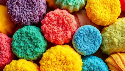 Close-up of colorful scrub sponges, various textures,  scrubbing,  rough