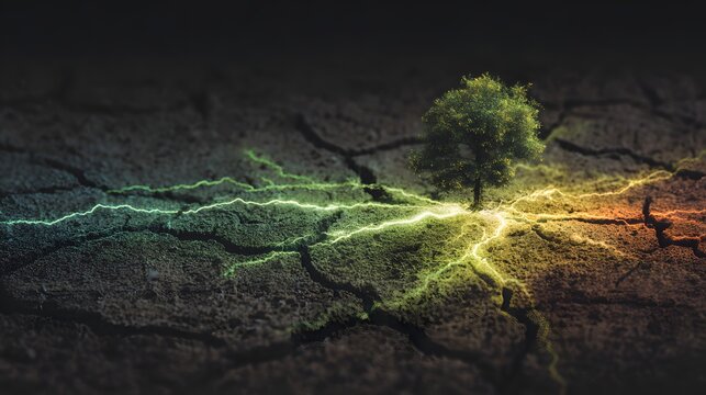 A lone tree sprouts from cracked earth with vibrant energy.