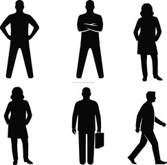 Business people silhouette collection of men and women standing walking and holding briefcase, vector illustration for office design
