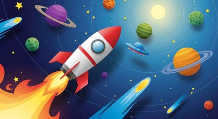 Vibrant Cartoon Rocket Launching Through Colorful Space with Planets and Stars.