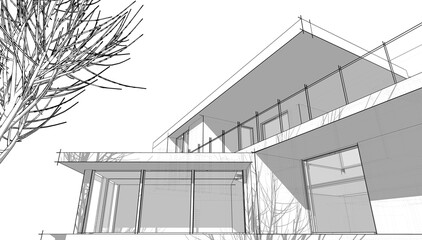 Architectural sketch of modern building 3d rendering
