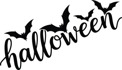 Simple Halloween typography design, Features the word halloween in a black script font, with a bats detail, A modern, clean, and festive graphic element for holiday branding or social media posts