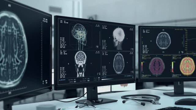 Brain disease analysis system used at the modern laboratory. X-ray scanner technology analysing the brain organ for disease cells. Disease diagnostic analysis of the hospital patients brain.
