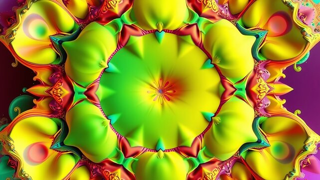 An intricate kaleidoscopic pattern presents a harmonious blend of yellow, green, and red hues, radiating a vibrant and eye-catching aesthetic appeal overall.
