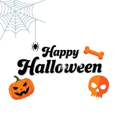 Happy Halloween Greeting Card Banner with Scary Jack O' Lantern, Skull, Spider Web, and Bone, Perfect for Spooky Seasonal Halloween Background