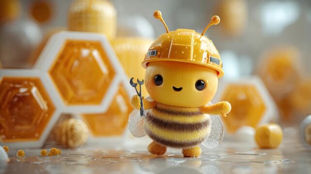 A cartoon bee wearing a hardhat holds a wrench, near a honey comb design