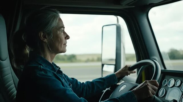 Female truck driver smiling while driving on an open highway