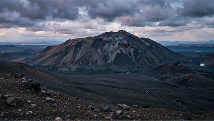 Dramatic Clouds Embrace a Volcanic Landscape Under a Moody Sky