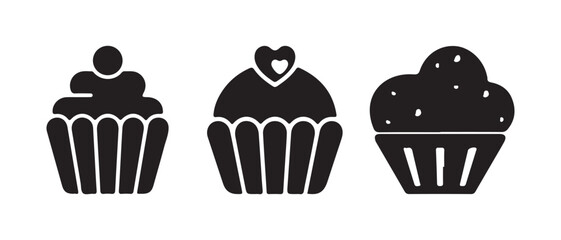 Black and White Cupcake Vector Icons – Dessert, Bakery, Pastry Illustration
