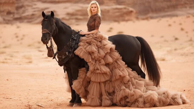 Woman in elegant dress on horse in desert landscape