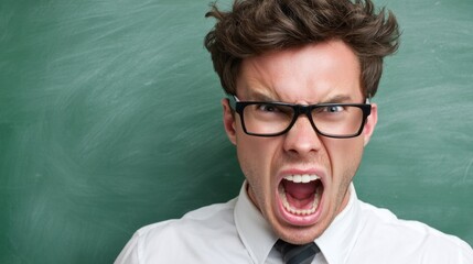 A teacher stands in front of a green chalkboard, shouting passionately. His glasses highlight his focus while his hair appears tousled, showcasing his intense emotion during the lesson