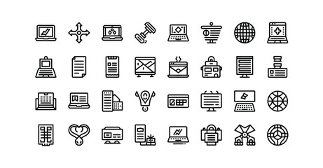 A collection of black and white line art icons depicting business and technology elements silhouette