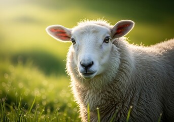 Fototapeta premium A fluffy white sheep stands in a sunlit green pasture, looking directly at the camera with a gentle expression.