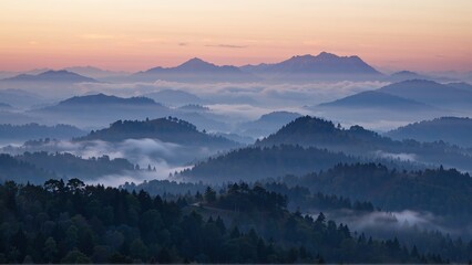 Obraz premium Serene Misty Mountains at Dawn, Layers of Blue Hues and Pastel Sky