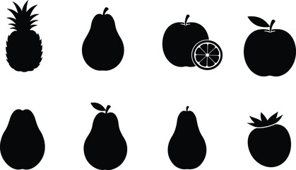 Black fruit silhouette vector set of pineapple, pear, orange, apple, and persimmon, minimalist icon collection for design and print