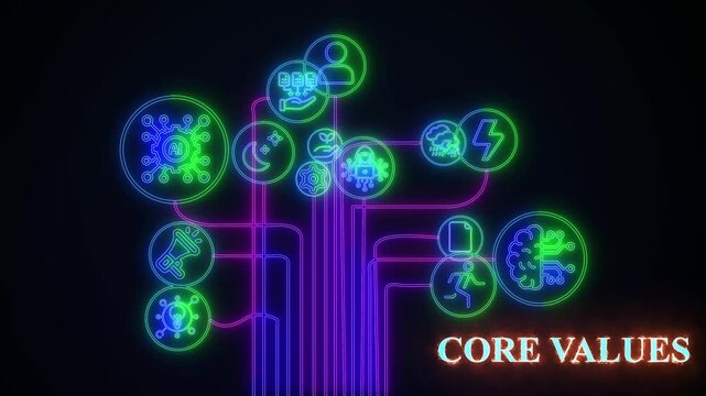 Core values strategy concept. Marketing and brand management. Marketing strategy and thinking the look and feel of brand . Glowing neon line of branding icon. black background wk video. See Less