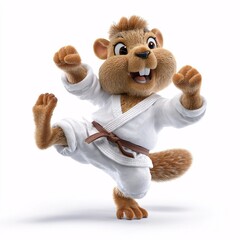 Cartoon Beaver in Taekwondo Uniform Performing a Kick in 3D Style on White Background