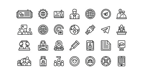 A collection of black and white line art icons depicting various business and global concepts silhouette