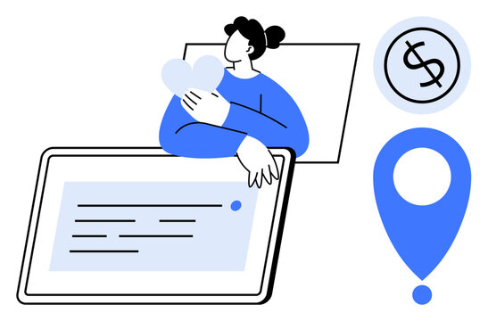 Person leans on tablet displaying text, embracing heart. Nearby are dollar and location icons. Ideal for finance, location-based services, connectivity, communication, user experience, navigation