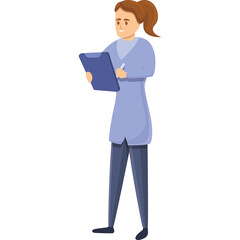 Full Body Cartoon Of A Woman In A Light Blue Lab Coat And Dark Blue Pants Holding A Blue Clipboard And A Pen She Has Brown Hair Tied In A Ponytail She Is Standing Against A White Background