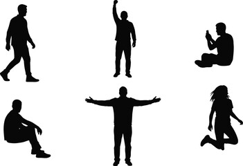 Silhouette of people walking sitting jumping celebrating using phone isolated vector illustration for success motivation lifestyle and social concept