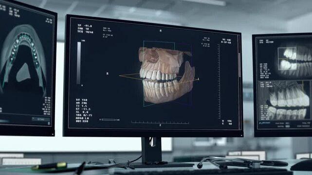 Monitoring equipment used for dental health examination at a stomatology clinic. Dental Monitoring device shows decaying health of patients teeth. Monitoring dental health condition of a damaged jaw.