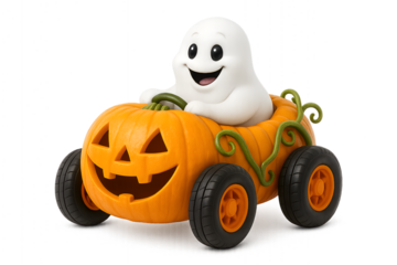 Smiling cartoon ghost character riding in jack o lantern race car costume halloween decoration