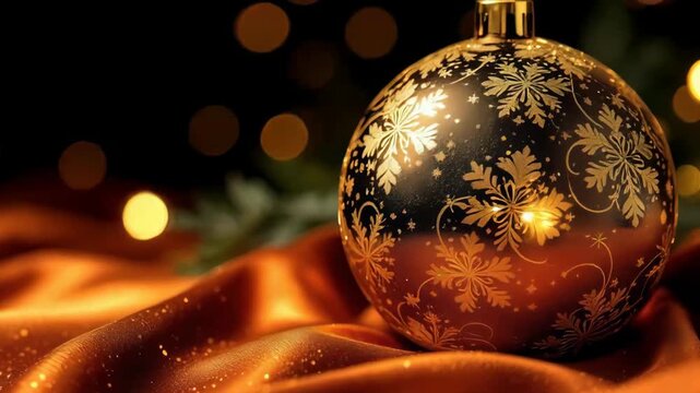 Elegant golden christmas ornament with snowflake design on festive fabric background