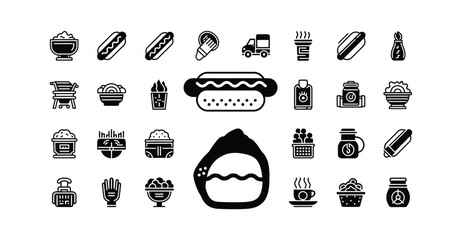 A collection of food and beverage icons including hot dogs, coffee, and various containers silhouette