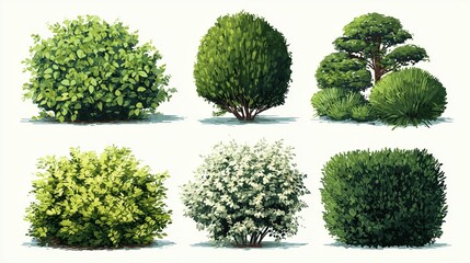 Watercolor style, Collection of decorative flat shrubs and panoramic view of garden shrubs and small trees