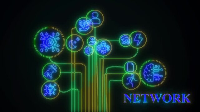 Network strategy concept. Marketing and brand management. Marketing strategy and thinking the look and feel of brand . Glowing neon line of branding icon. black background wk video. See Less