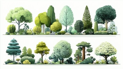 Watercolor style, Collection of decorative flat shrubs and panoramic view of garden shrubs and small trees
