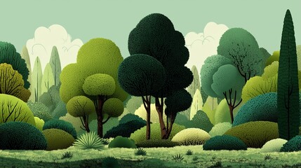 Watercolor style, Collection of decorative flat shrubs and panoramic view of garden shrubs and small trees