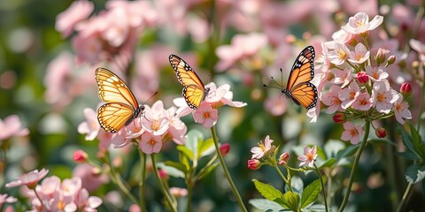 Three monarch butterflies gracefully land upon delicate pink flowers in a garden bathed in soft, diffused sunlight, creating a scene of natural beauty and serenity.