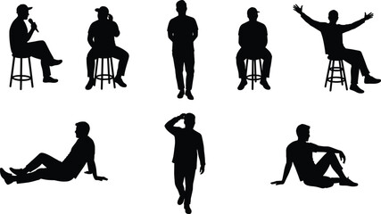 Silhouette of people sitting on stools and floor, talking, gesturing, walking, and relaxing on white background, lifestyle, teamwork, communication concept