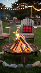 Late evening campfire in the garden. Warm outdoor fire and cozy night atmosphere.